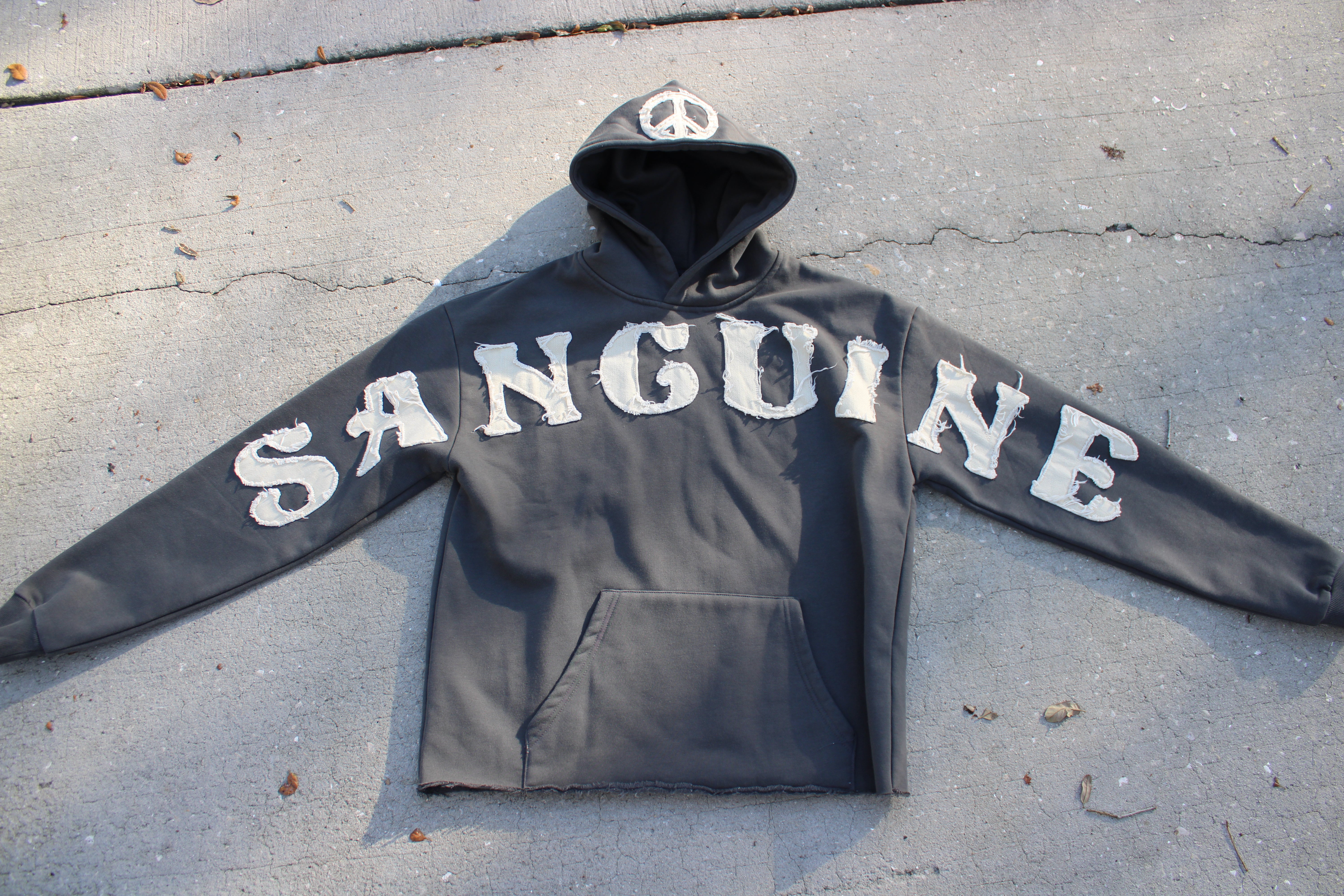 SANGUINESZN DISTRESSED EMBROIDERY “PEACE” HOODIE (GRAY